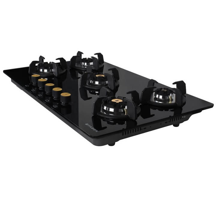 Faber Hob/Hobtop 5 Brass Burner Auto Electric Ignition Glass Top (Maxus HT905 CRS BR CI AI) Black (MAXUSHT905CRSBRCIAI)